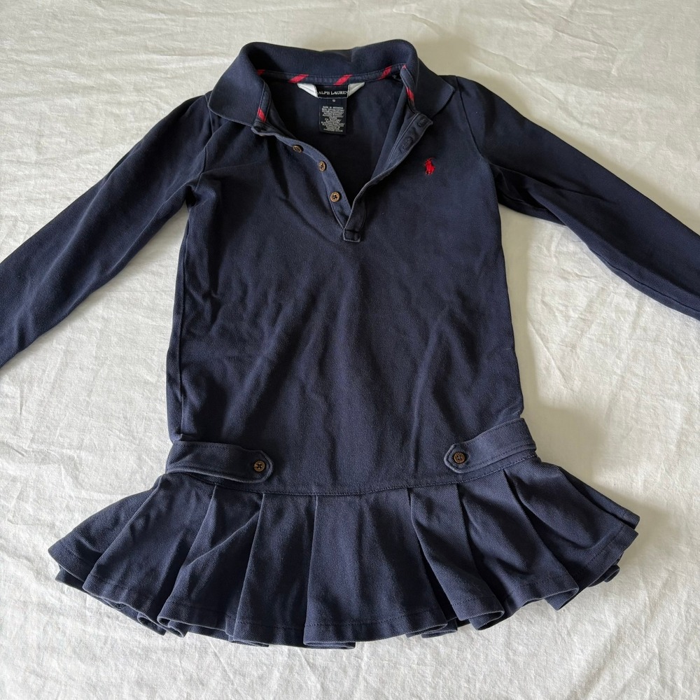Ralph Lauren Girls Navy Blue Long Sleeve Pleated Polo Dress Size 5 Pony Logo
